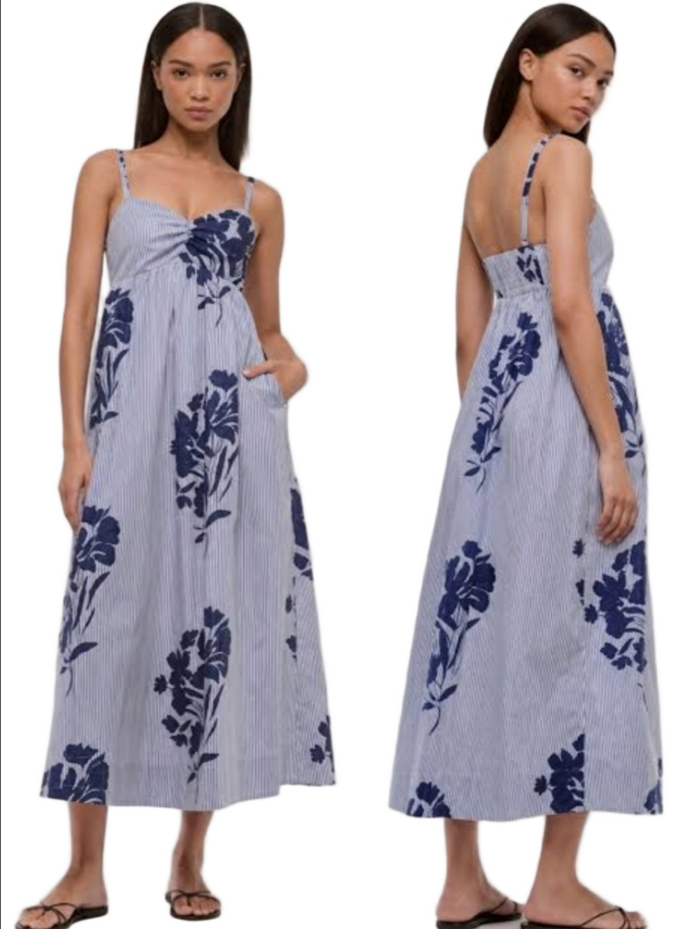 Abercrombie & Fitch Cotton Blue & Navy Floral Stripe Maxi Sun Dress Smocked Back